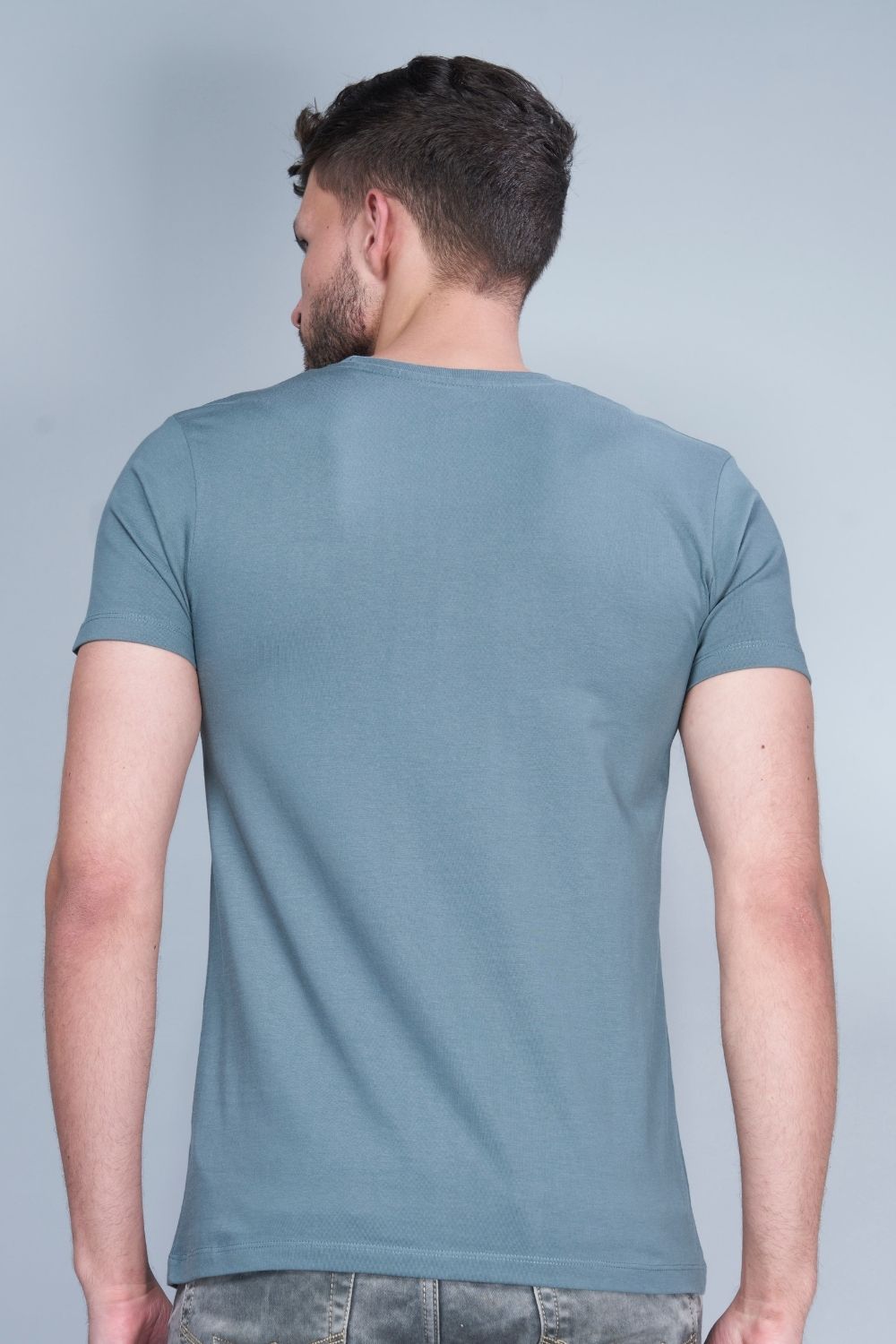 grey colored, cotton Graphic T shirt for men with half sleeves and round neck, back view.