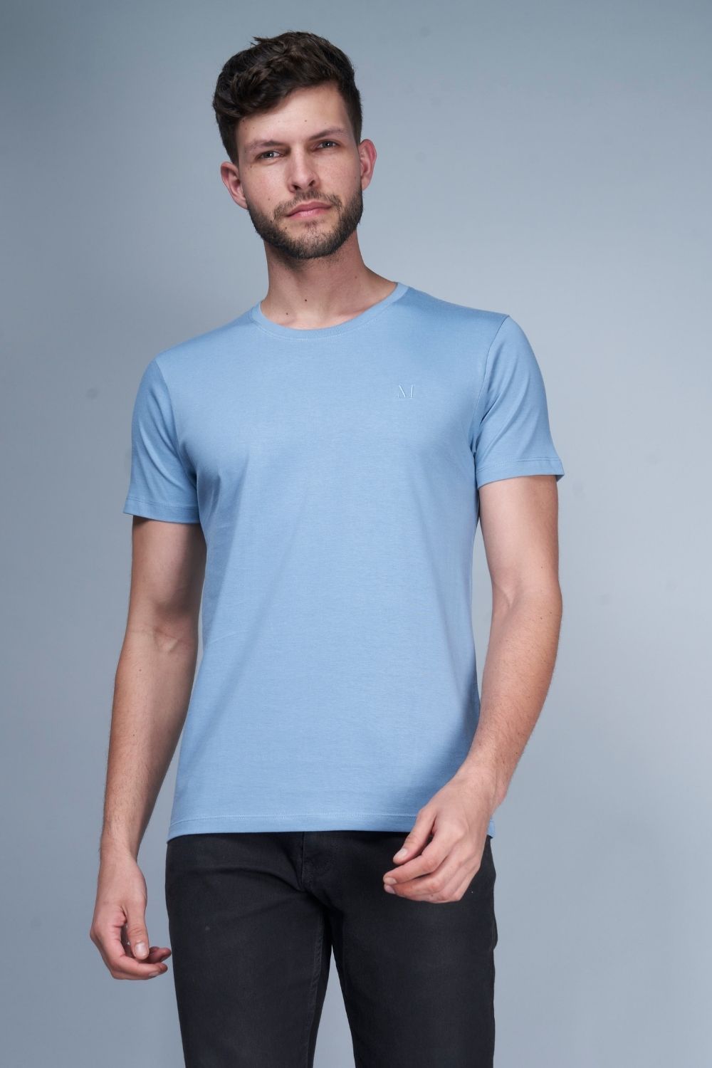 Sky Blue colored, Solid T shirt for men, with half sleeves and round neck, front view.