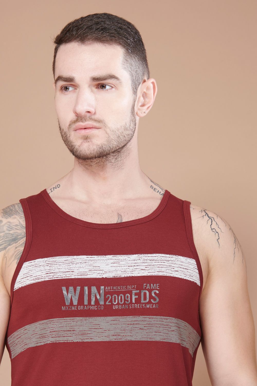 Maroon colored cotton Sleeveless Printed Tank Tees for men, front.