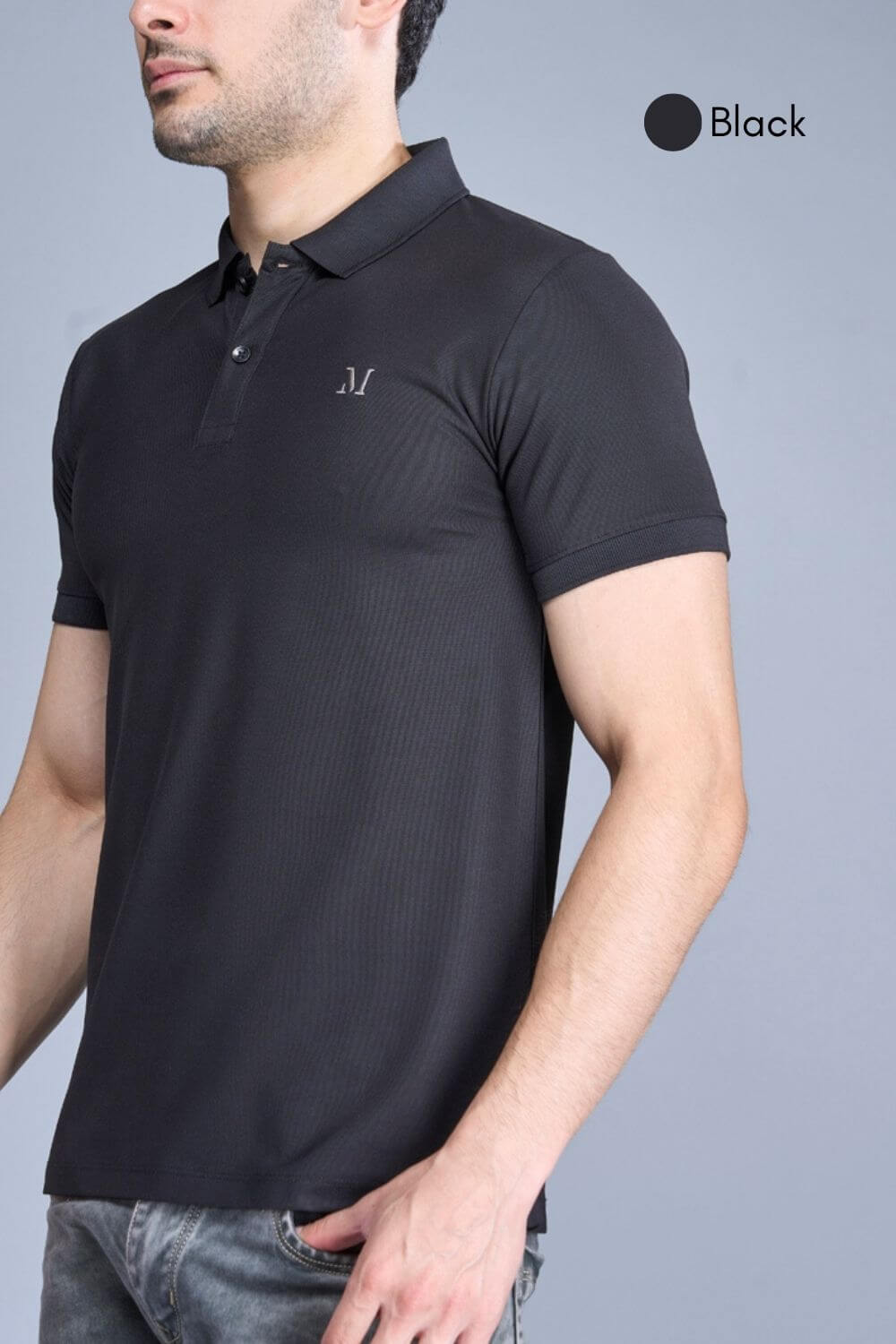 Black colored, Smart Tech Polo T-shirts for men with collar and half sleeves, side view.