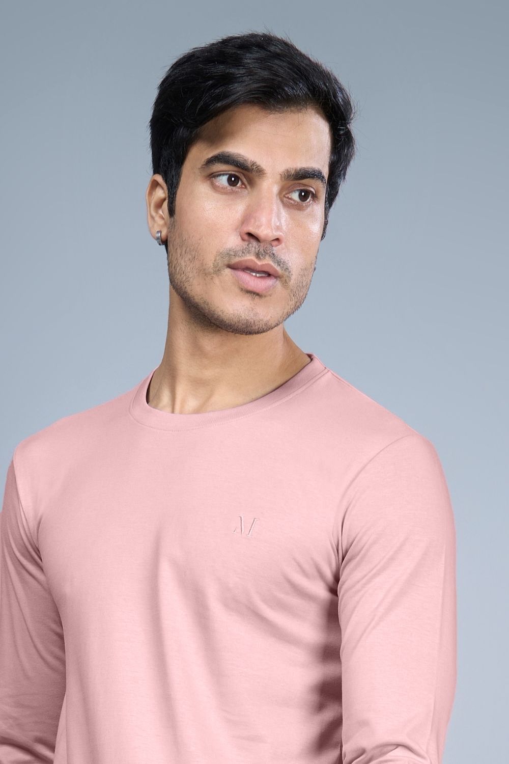 Lilac shade color, full sleeve solid T shirt for Men with round neck, side view.