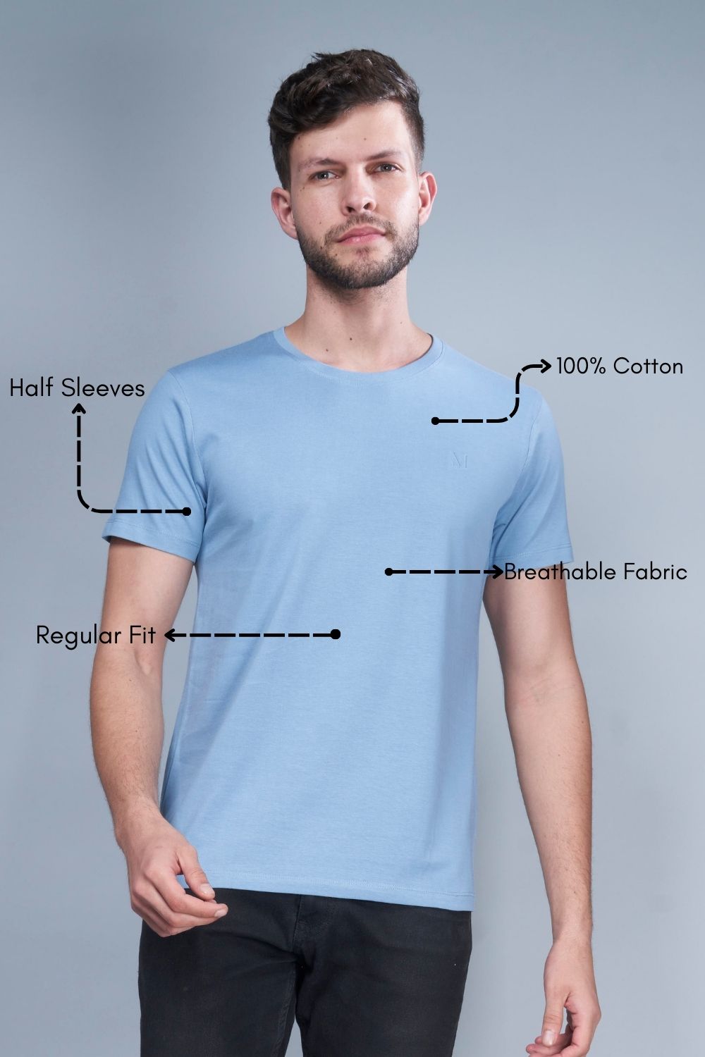 Sky Blue colored, Solid T shirt for men, with half sleeves and round neck, product feature.