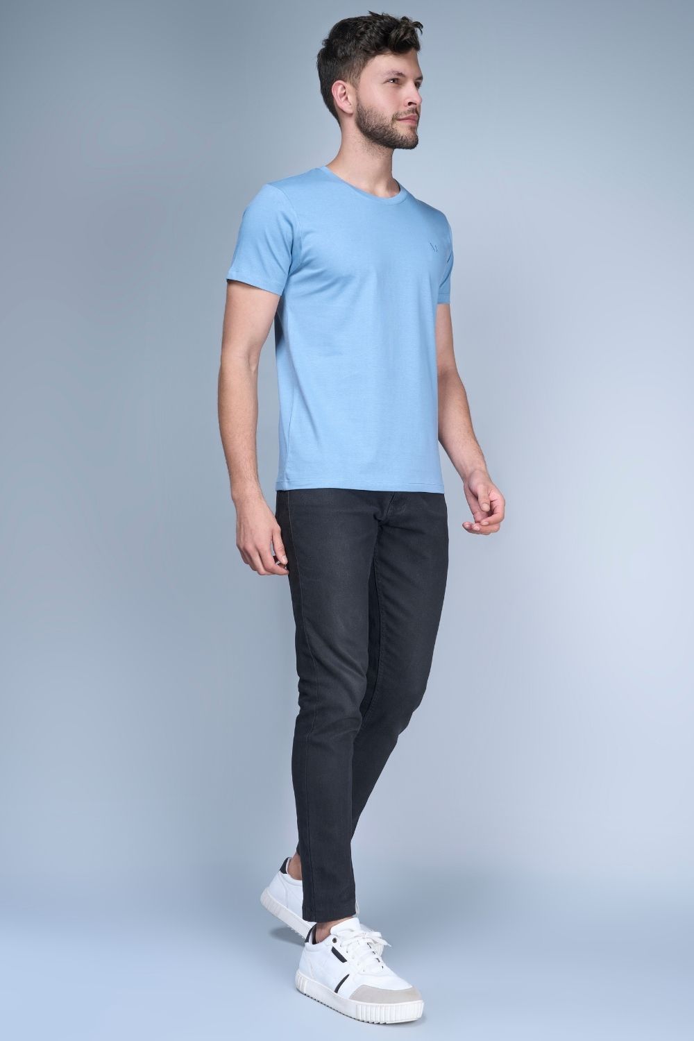 Sky Blue colored, Solid T shirt for men, with half sleeves and round neck, full view.
