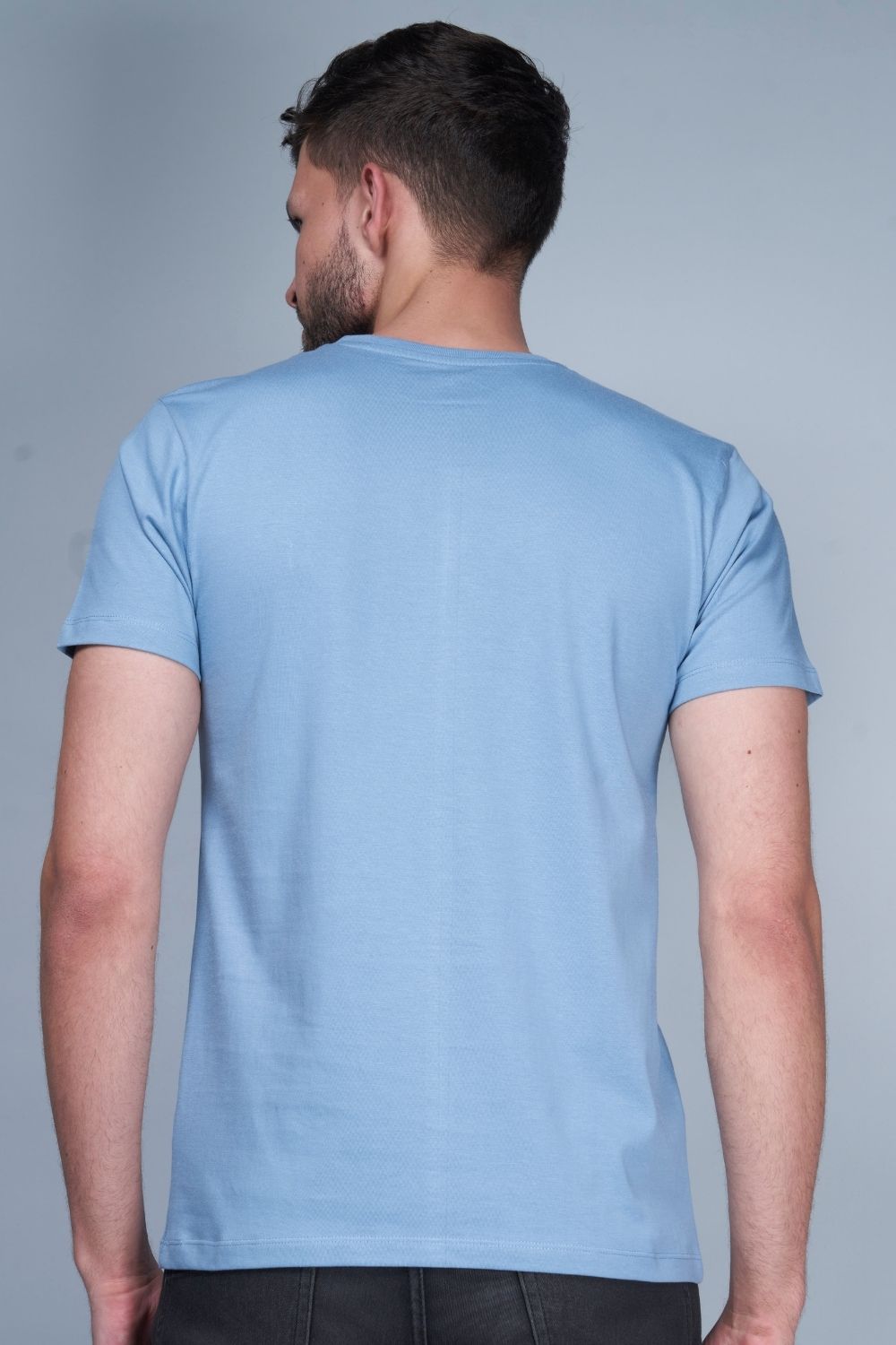 Sky Blue colored, Solid T shirt for men, with half sleeves and round neck, back view.