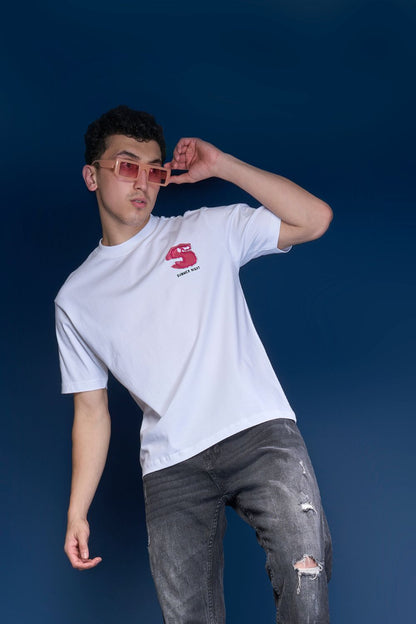 White Prints & Embroidered Oversized T-Shirt Oversized Maxzone Clothing   