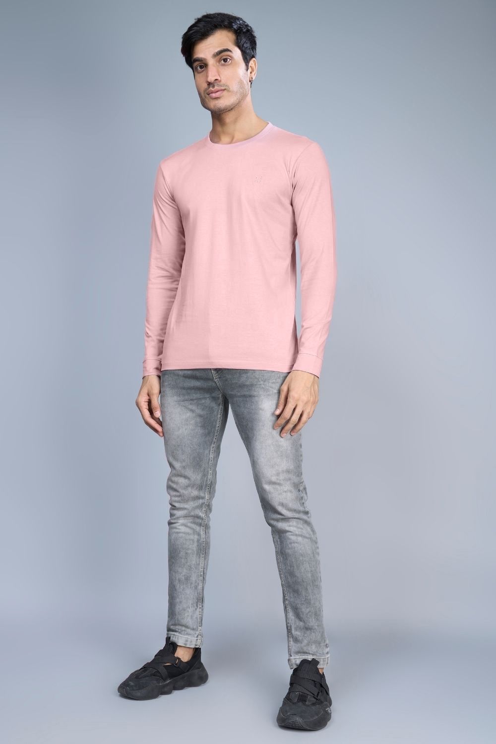 Lilac shade color, full sleeve solid T shirt for Men with round neck, front view.