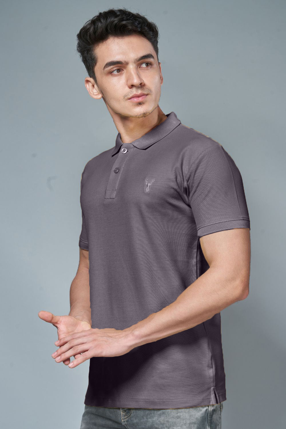 Grape colored, identity Polo T-shirts for men with collar and half sleeves, side view.
