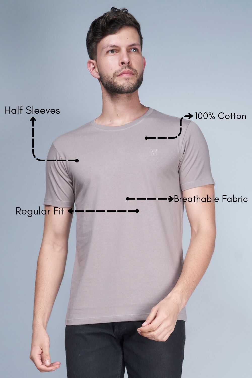 Coin grey colored, solid t shirt for men with round neck and half sleeves, product feature.