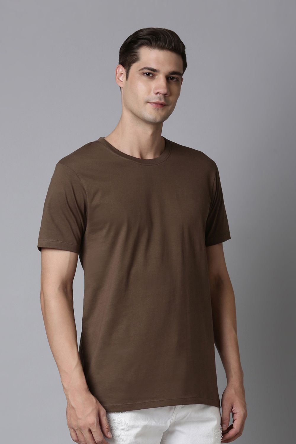 Coin grey colored, solid t shirt for men with round neck and half sleeves, side view.