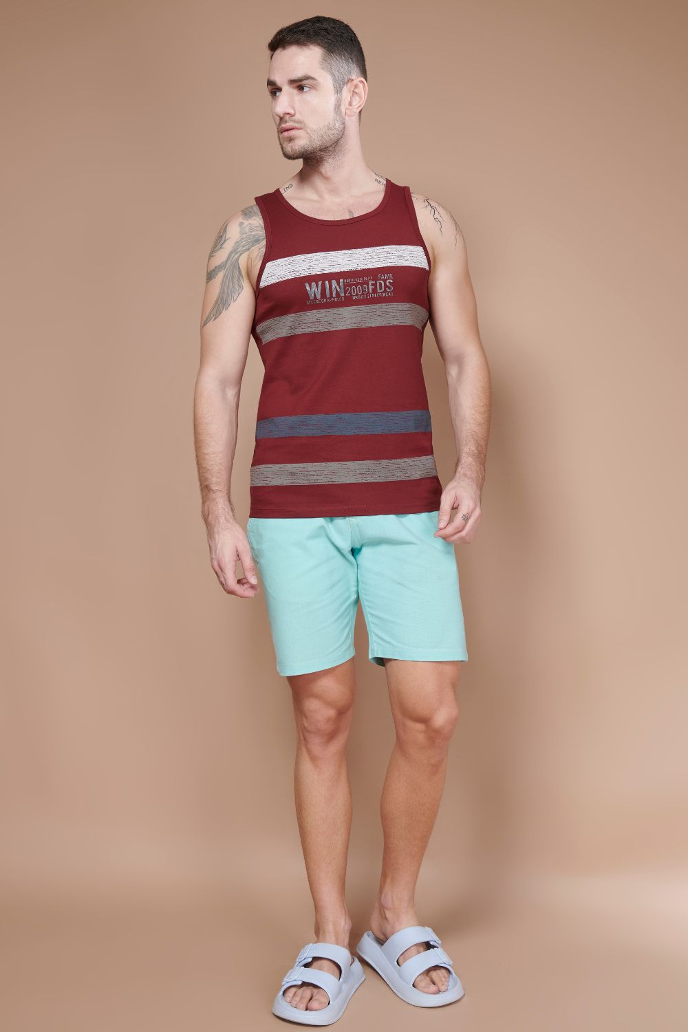 Maroon colored cotton Sleeveless Printed Tank Tees for men, full view.