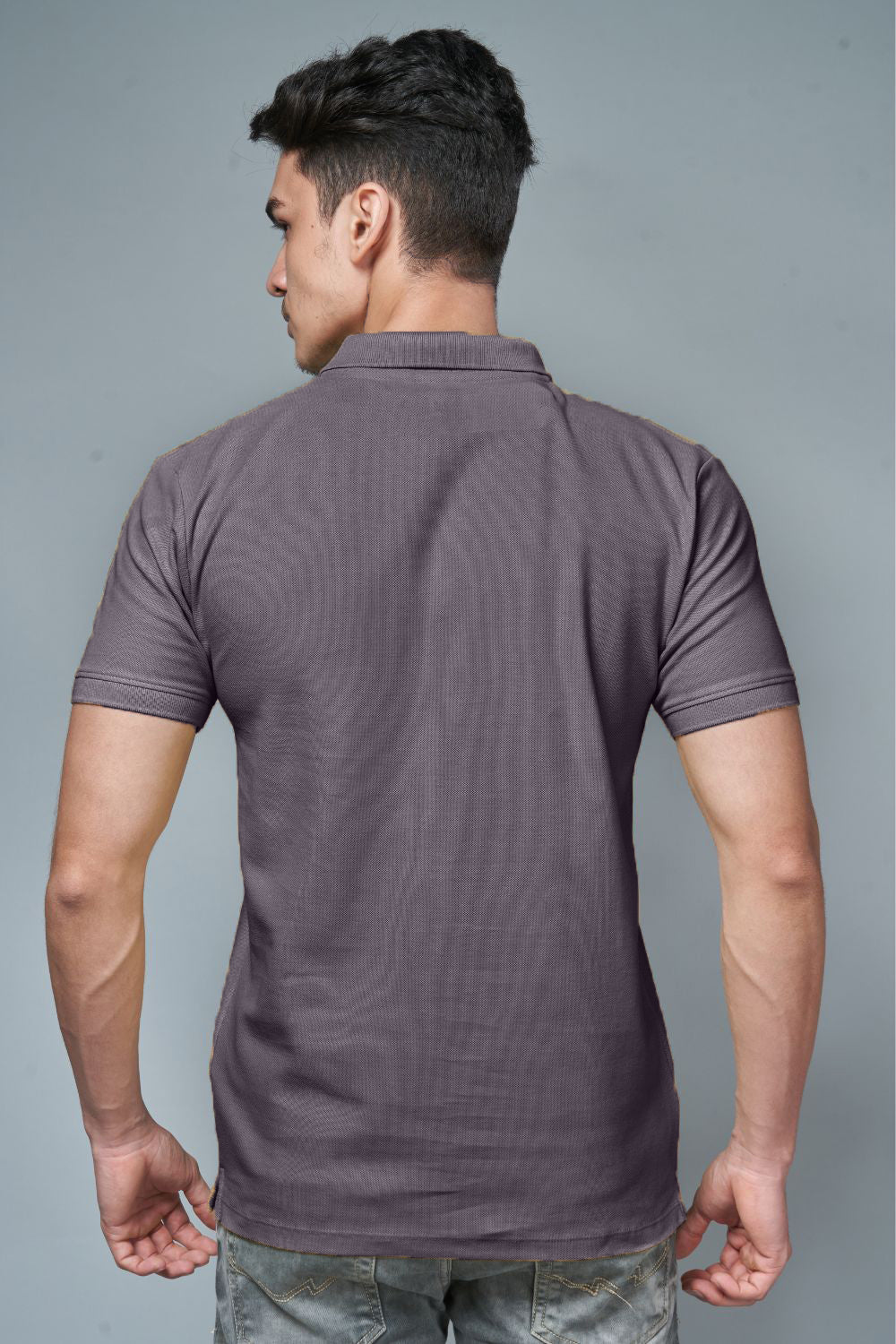 Grape colored, identity Polo T-shirts for men with collar and half sleeves, back view.