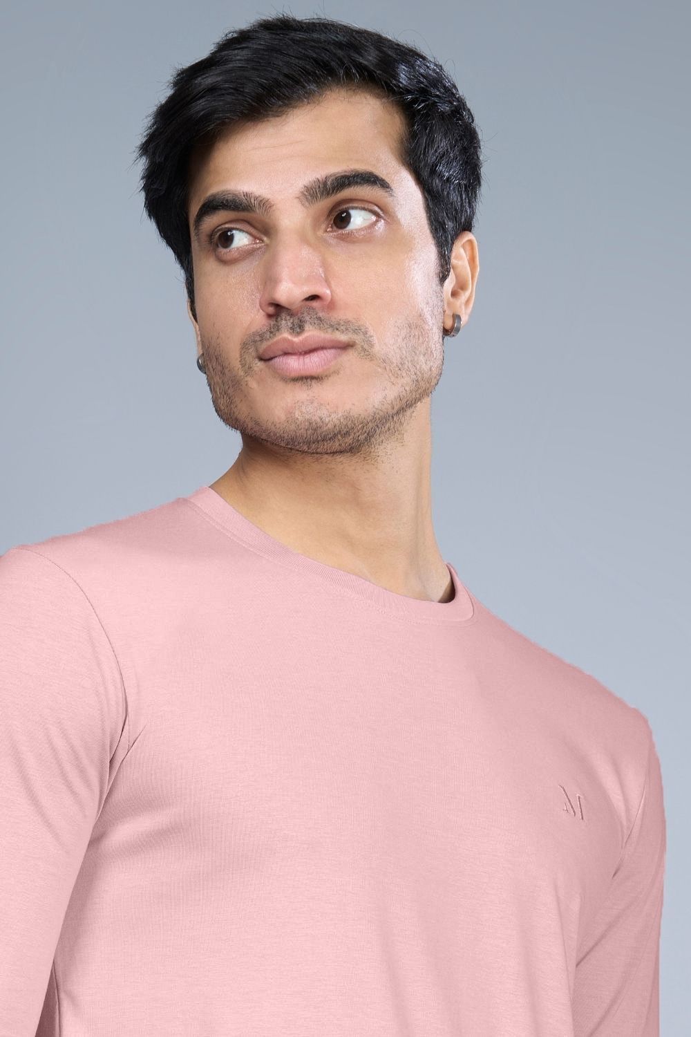 Lilac shade color, full sleeve solid T shirt for Men with round neck, close up.