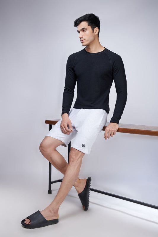 A model wearing Spark: White colored Label Free Cotton Short Boxers for Men with side pocket.