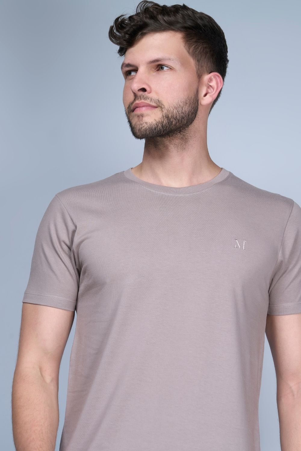 Coin grey colored, solid t shirt for men with round neck and half sleeves, front view.