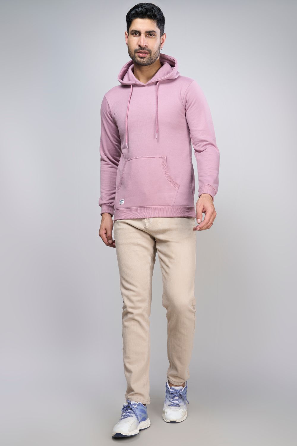 Rich Lilac colored, hoodie for men with full sleeves and relaxed fit, front view.