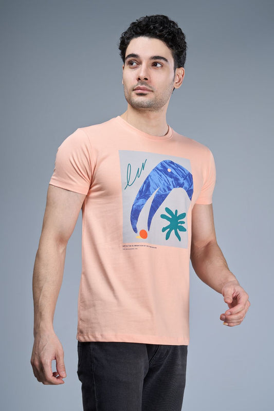 Peach colored, cotton Graphic T shirt for men, half sleeves and round neck.