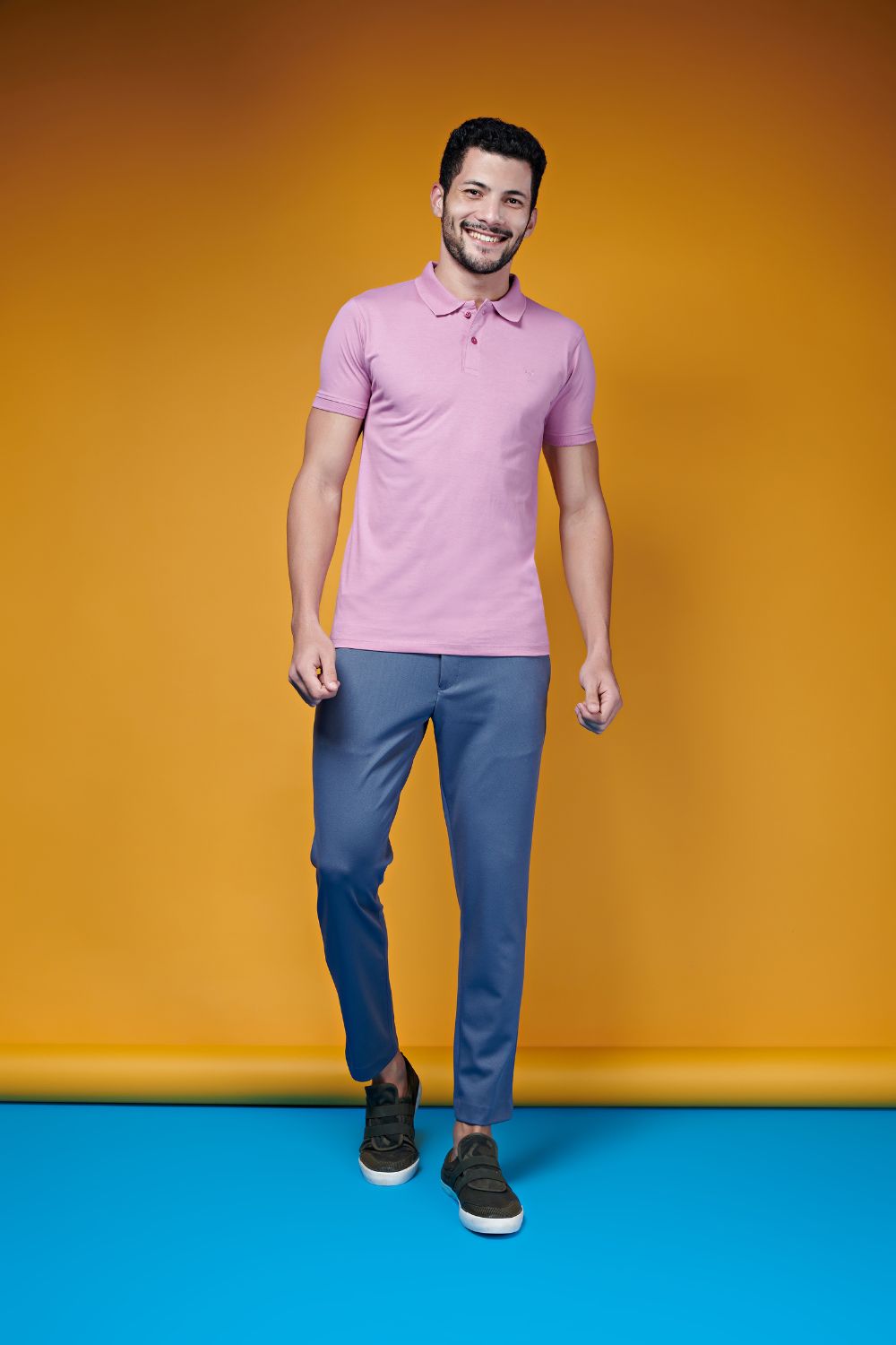 Pink colored, Ramie edition Polo T-shirts for men with collar and half sleeves, front view.