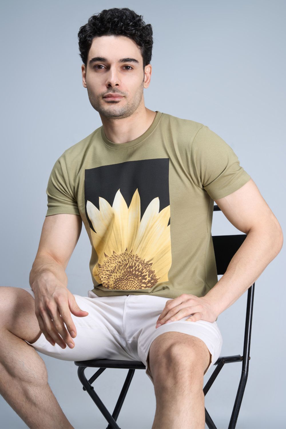 Olive Green colored, cotton Graphic T shirt for men, half sleeves and round neck.