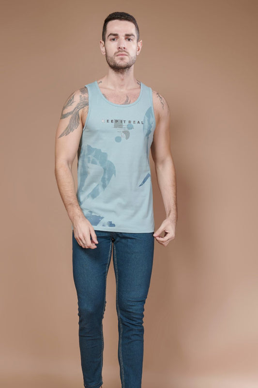 LT.Blue colored cotton Sleeveless Printed Tank Tees for men, full view.