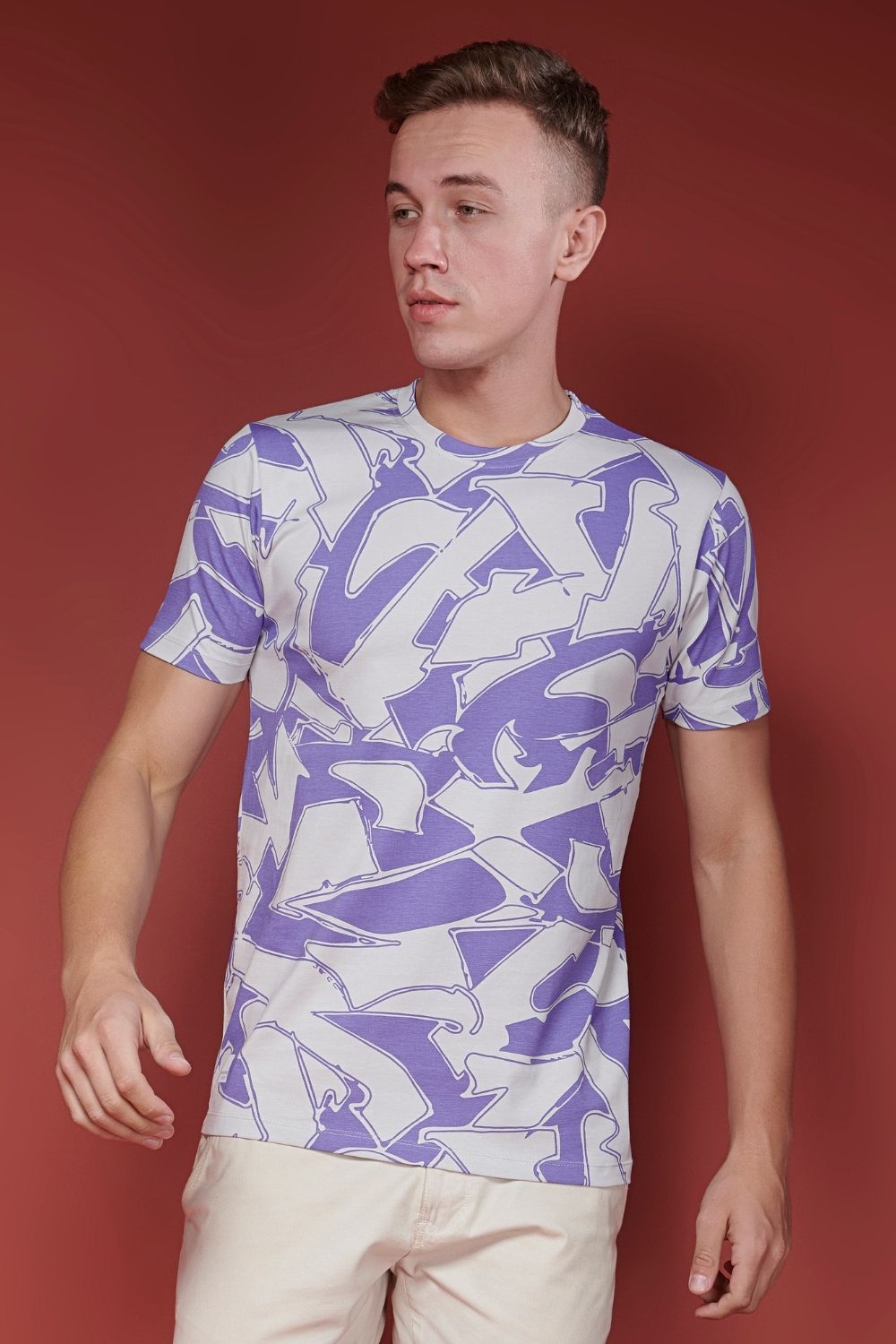 Front view of mauve and white colored all over print T shirt for men with Half sleeves and round neck.