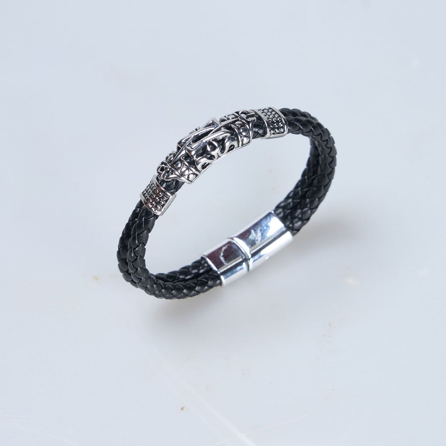 Front view of Black and Silver colored Bracelet for men with magnetic clasp