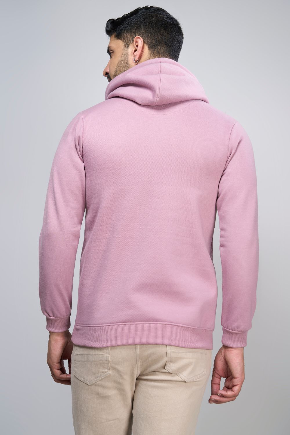 Rich Lilac colored, hoodie for men with full sleeves and relaxed fit, back view.