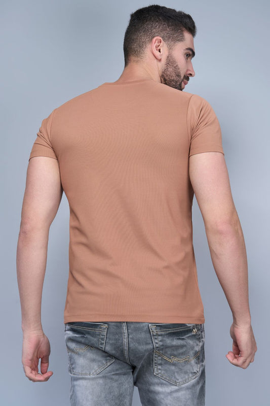 Café cream colored, cotton Graphic T shirt for men with half sleeves and round neck, back view.
