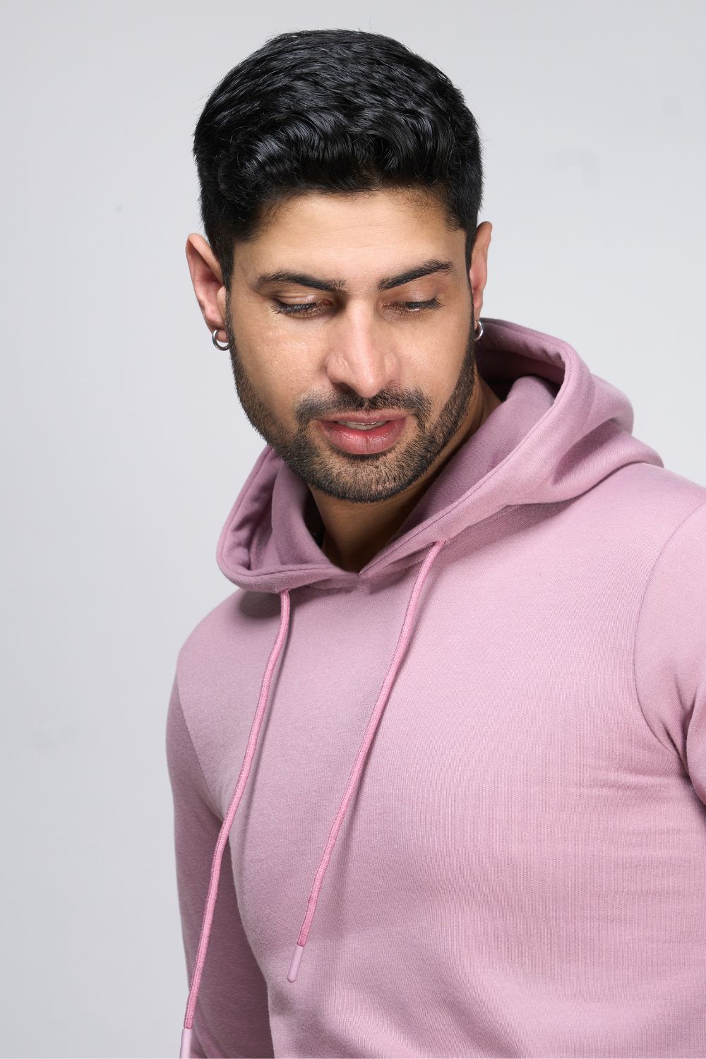 Rich Lilac colored, hoodie for men with full sleeves and relaxed fit, closeup.