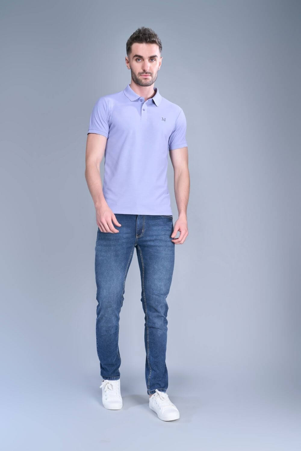 Cosmic sky colored, Smart Tech Polo T-shirts for men with collar and half sleeves, full view.