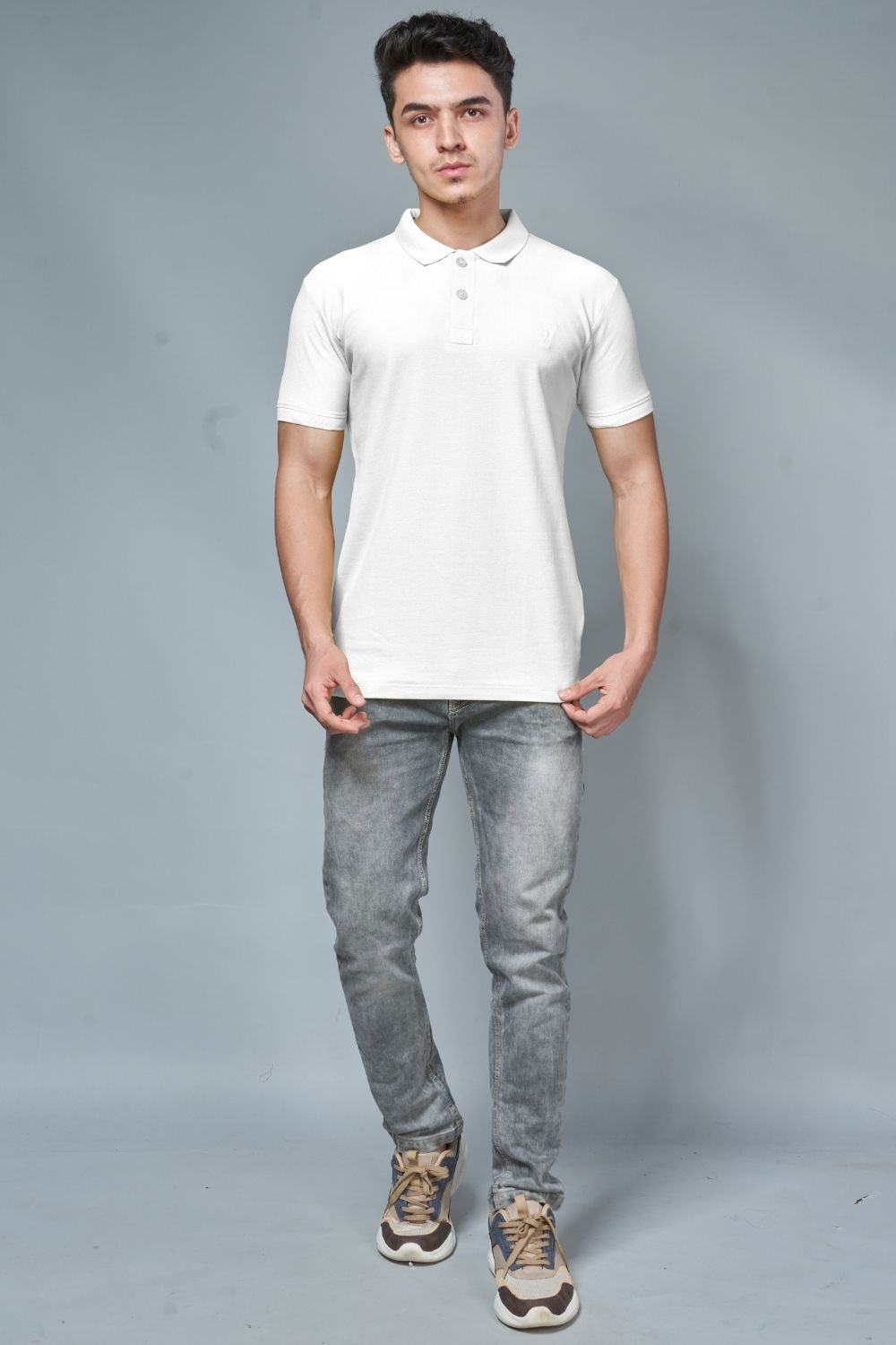White colored, identity Polo T-shirts for men with collar and half sleeves, full view.