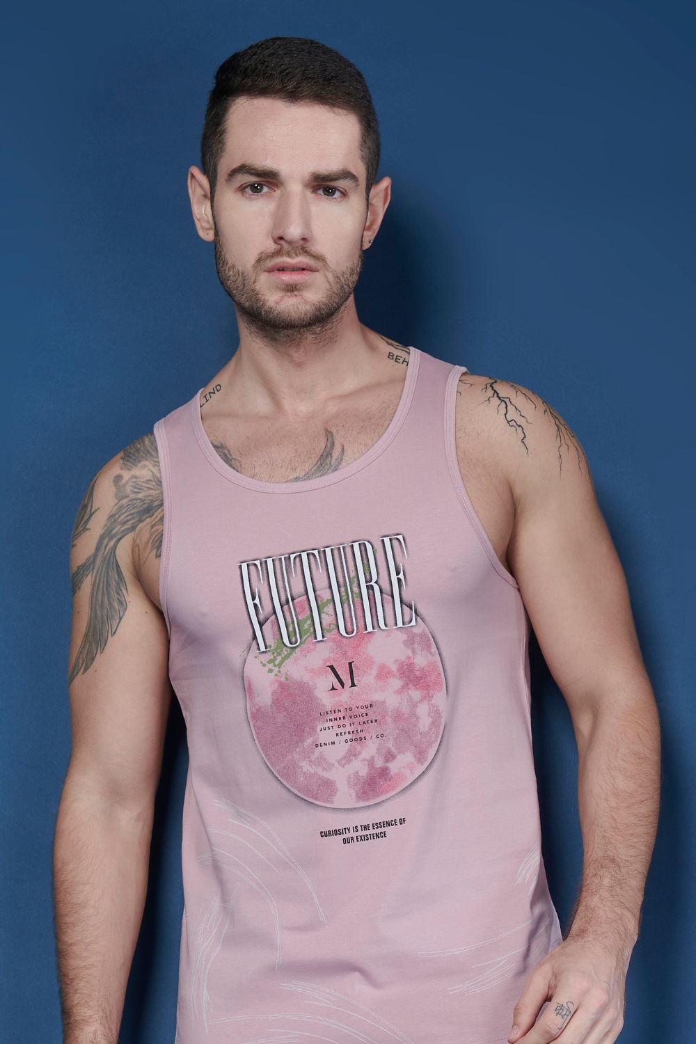 Lilac Shade colored cotton Sleeveless Printed Tank Tees for men, front view.