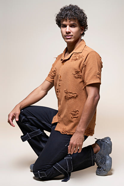 Burnt Orange - Ripped Buttoned Up Shirt Shirts Maxzone Clothing