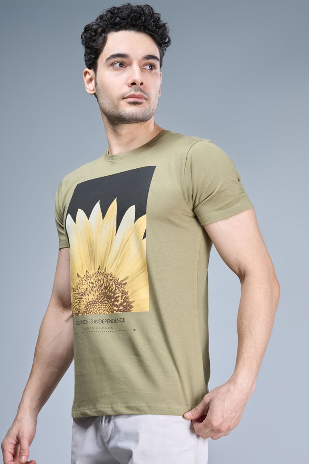 Olive Green colored, cotton Graphic T shirt for men, half sleeves and round neck, side view.