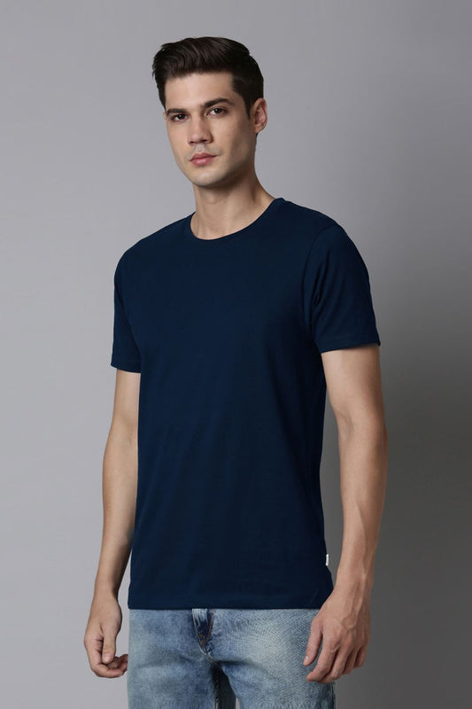 Shop Men's Teal Navy Cotton Solid T-shirt-front Maxzone Clothing
