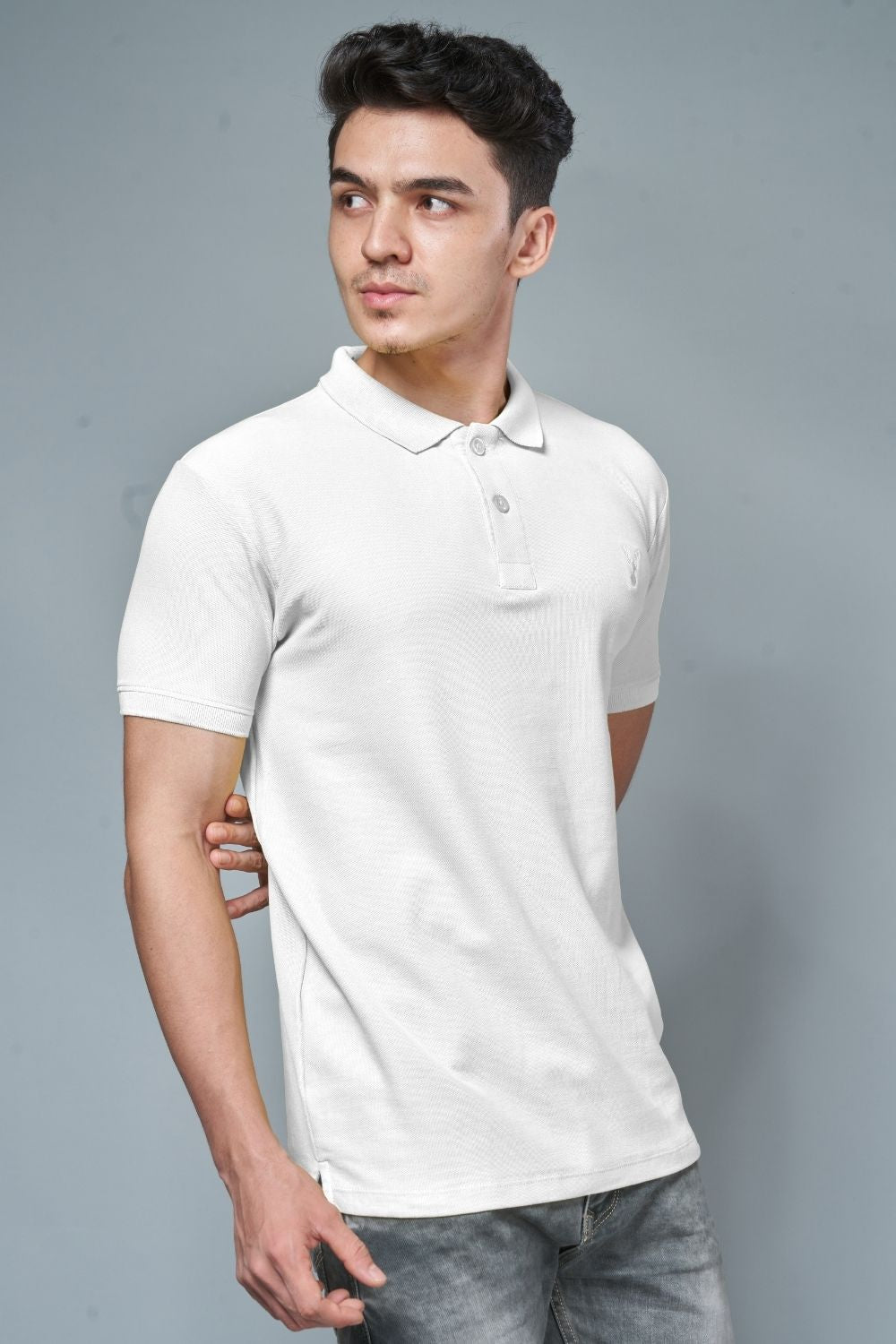 White colored, identity Polo T-shirts for men with collar and half sleeves, side view.