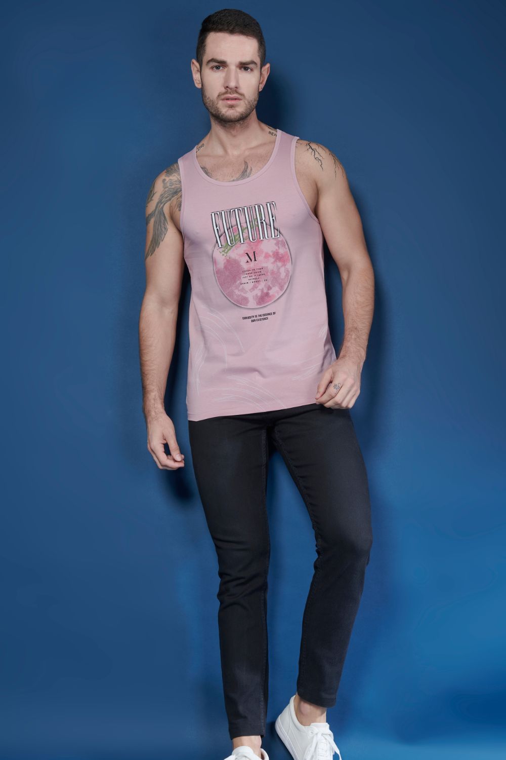 Lilac Shade colored cotton Sleeveless Printed Tank Tees for men, full view.