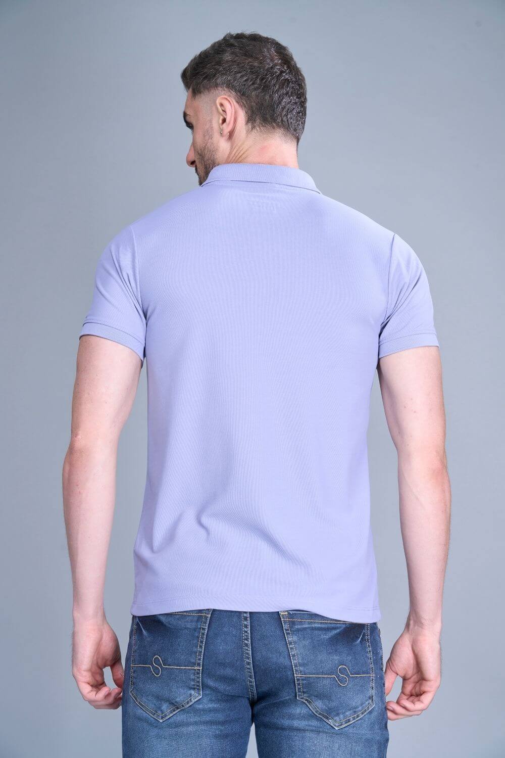 Cosmic sky colored, Smart Tech Polo T-shirts for men with collar and half sleeves, back view.