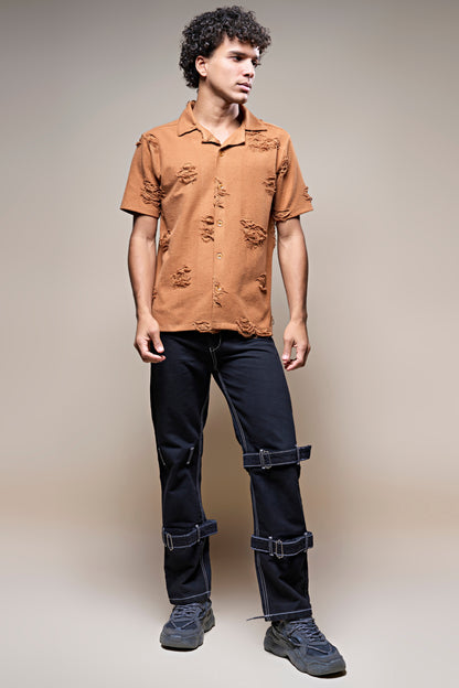 Burnt Orange - Ripped Buttoned Up Shirt Shirts Maxzone Clothing