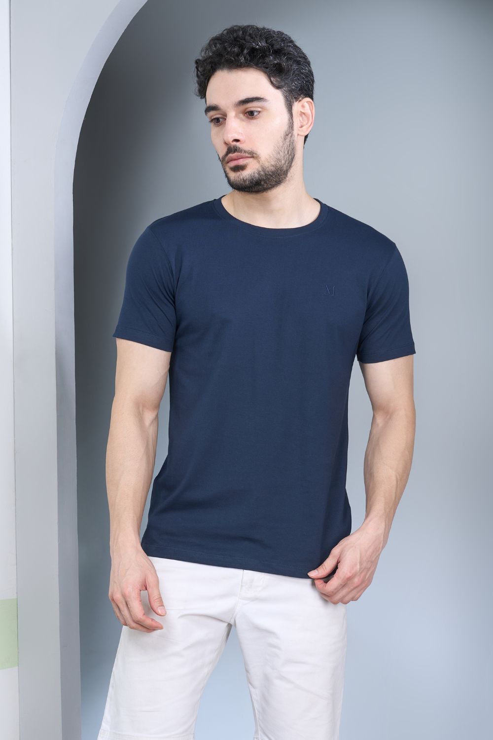 Teal Navy colored, solid t shirt for men with round neck and half sleeves, front view.