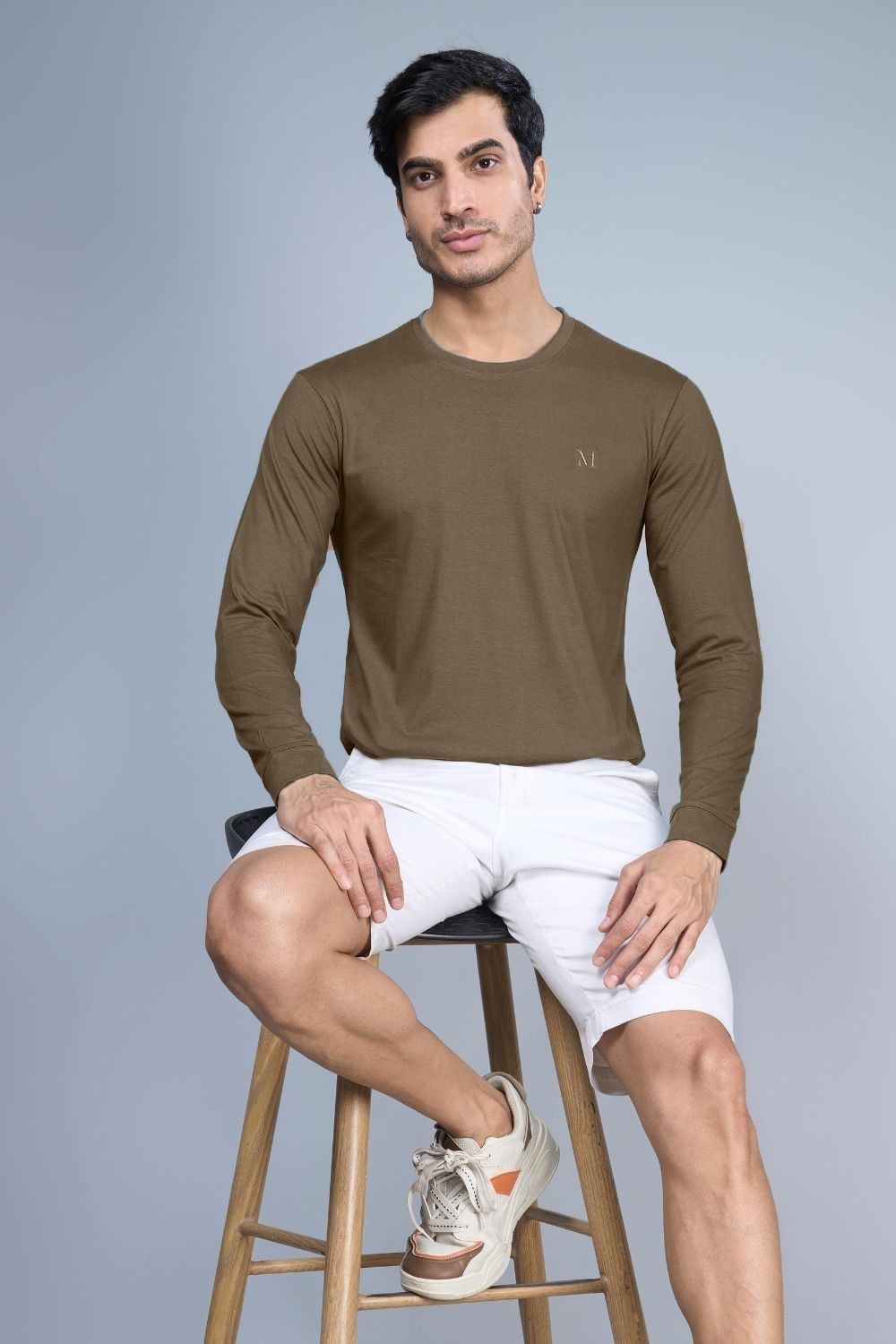 Teak colored, full sleeve solid T shirt for Men with round neck.
