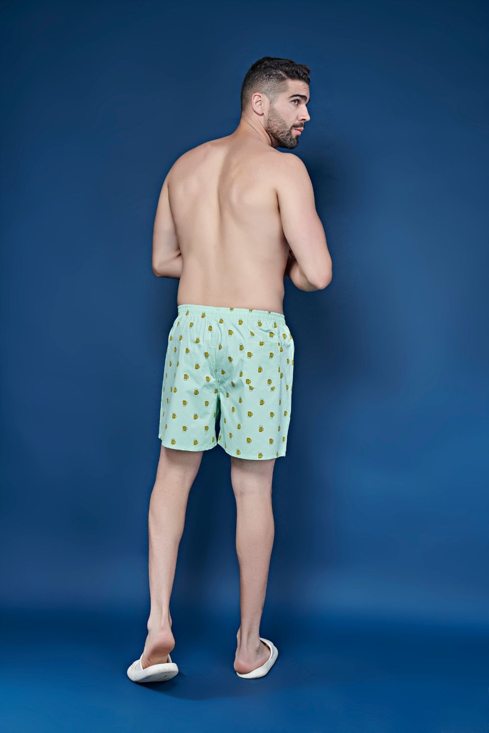 Sky Blue colored, Sinbad & Beer all over printed cotton boxer for men with back pockets, back.