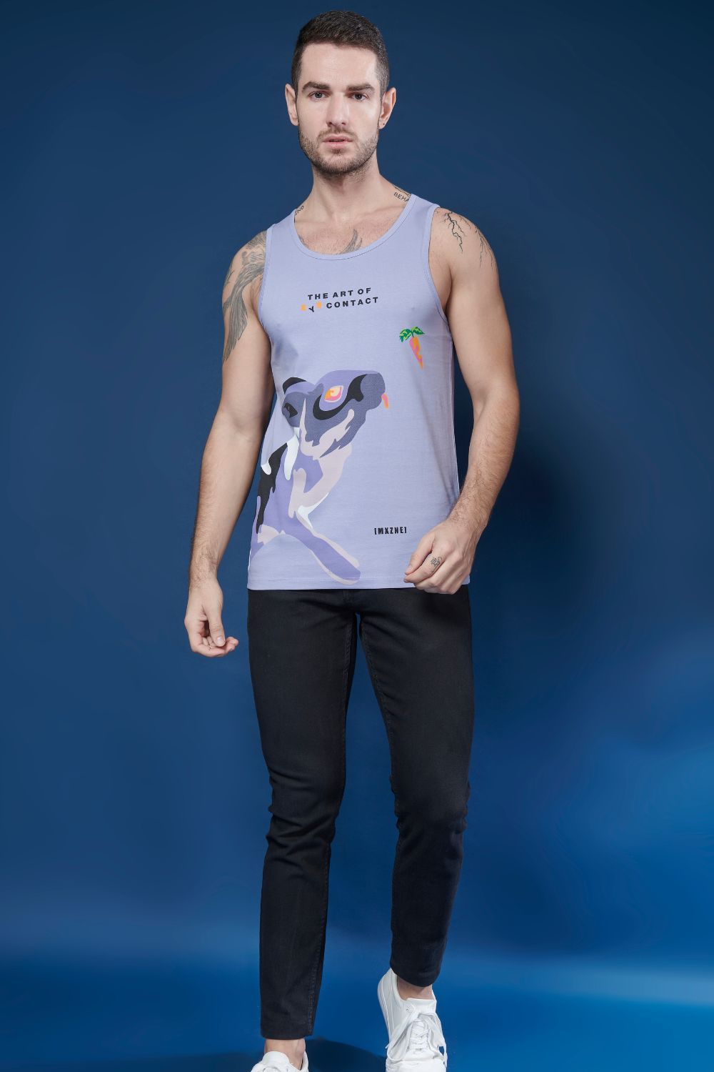 Cosmic Sky colored cotton Sleeveless Printed Tank Tees for men.
