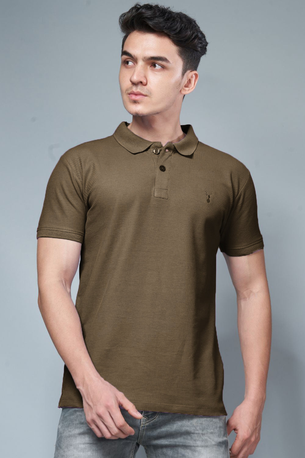 Olive colored, identity Polo T-shirts for men with collar and half sleeves, front view.