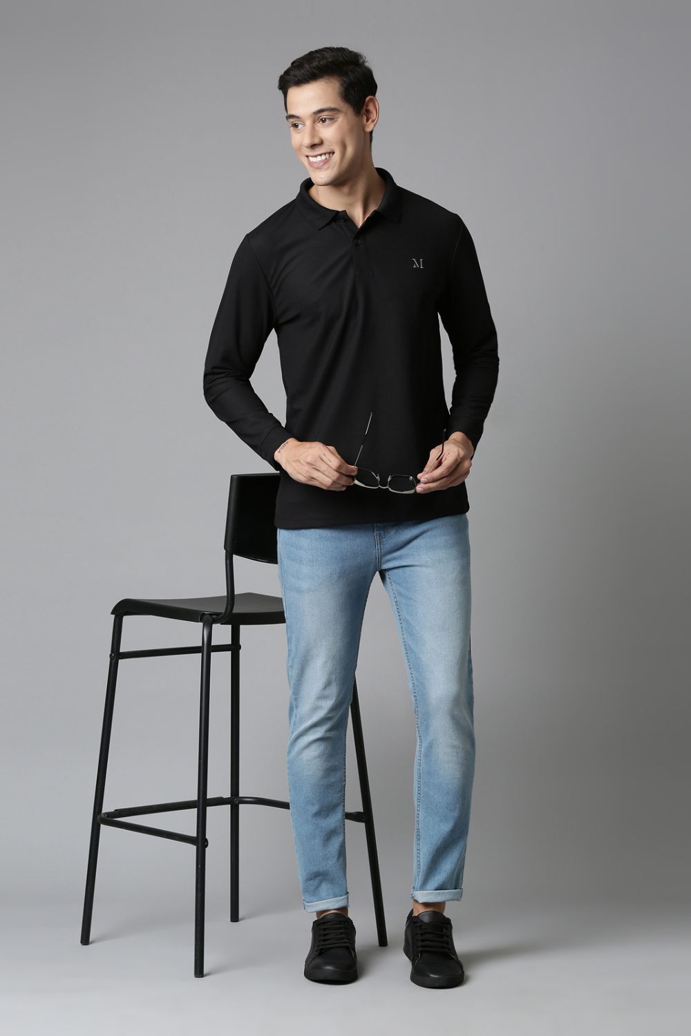 Shop Men's Black Full Sleeve Polo T-shirt-front Maxzone Clothing