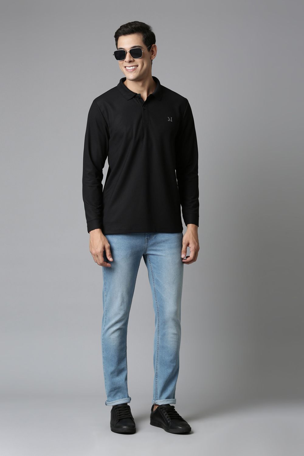 Shop Men's Black Full Sleeve Polo T-shirt-front Maxzone Clothing