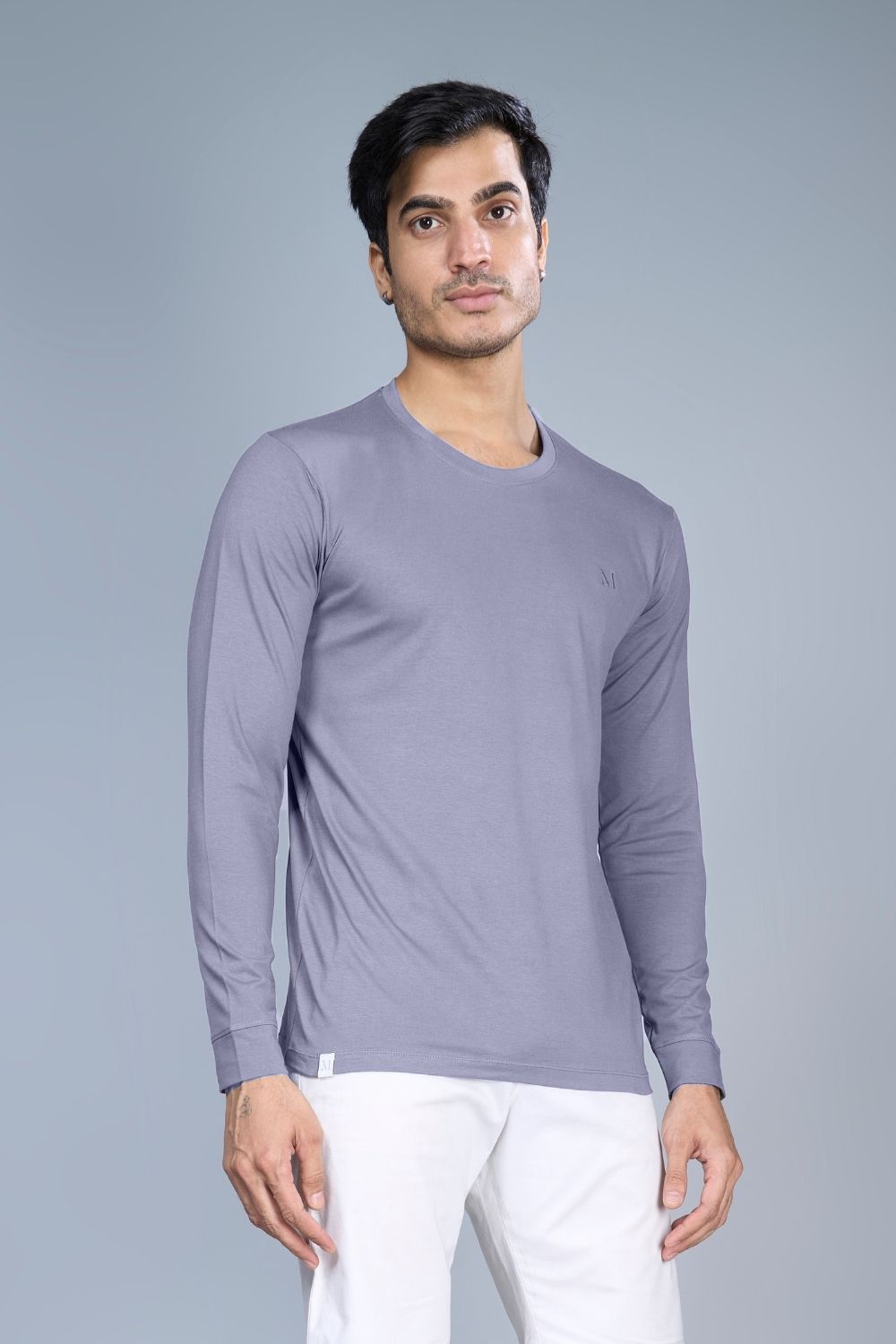 Vapor Blue colored, full sleeve solid T shirt for Men with round neck, front view.