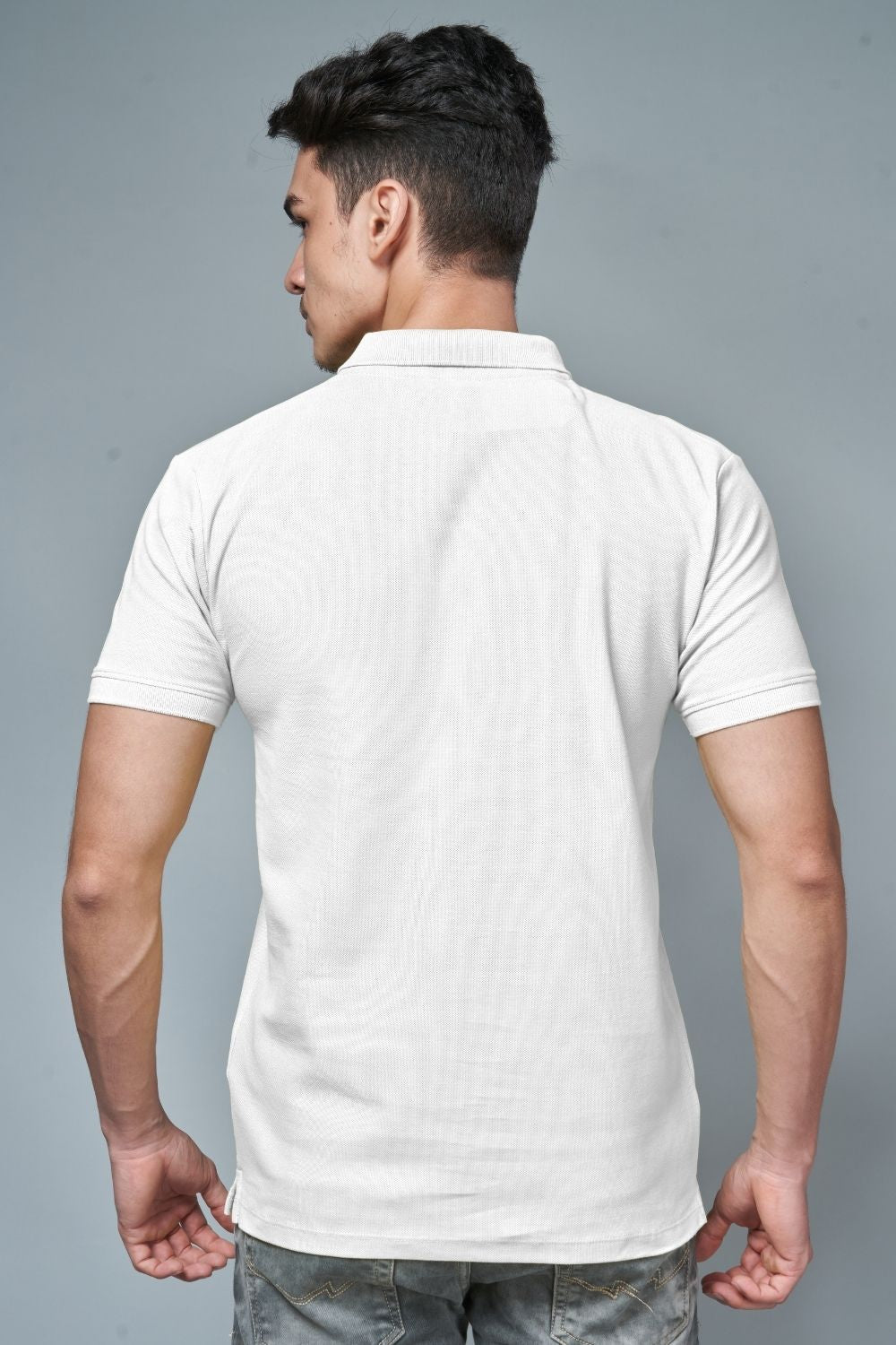 White colored, identity Polo T-shirts for men with collar and half sleeves, back view.