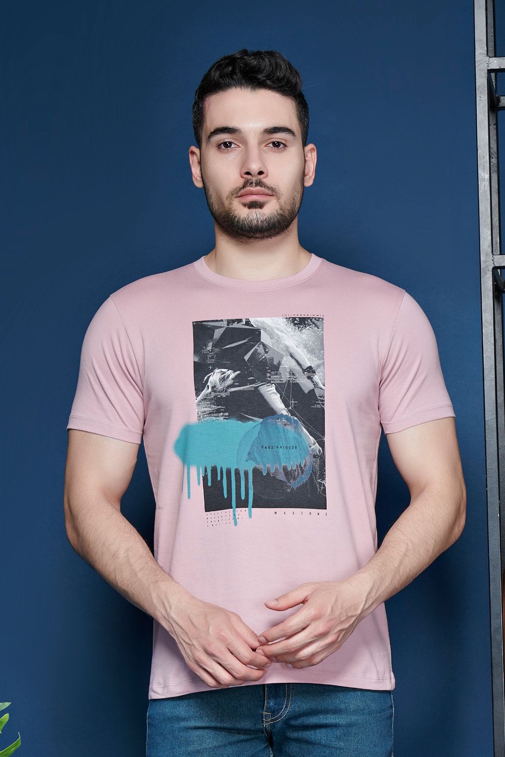 Cotton Graphic T shirt for men in the color lilac shade with half sleeves and round neck, front view.
