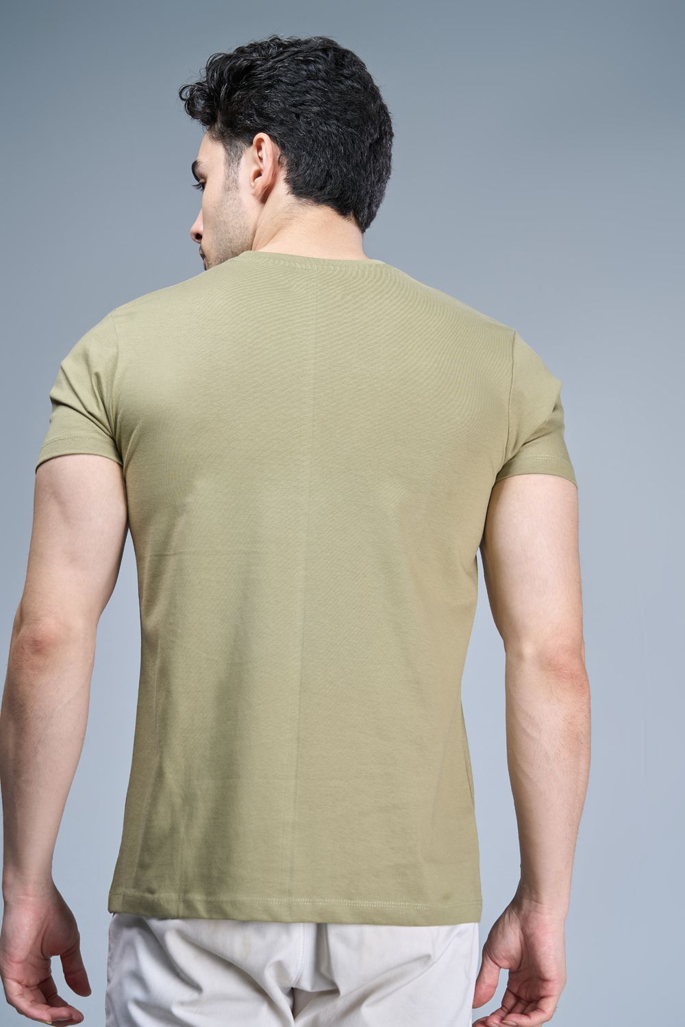 Olive Green colored, cotton Graphic T shirt for men, half sleeves and round neck, back view.