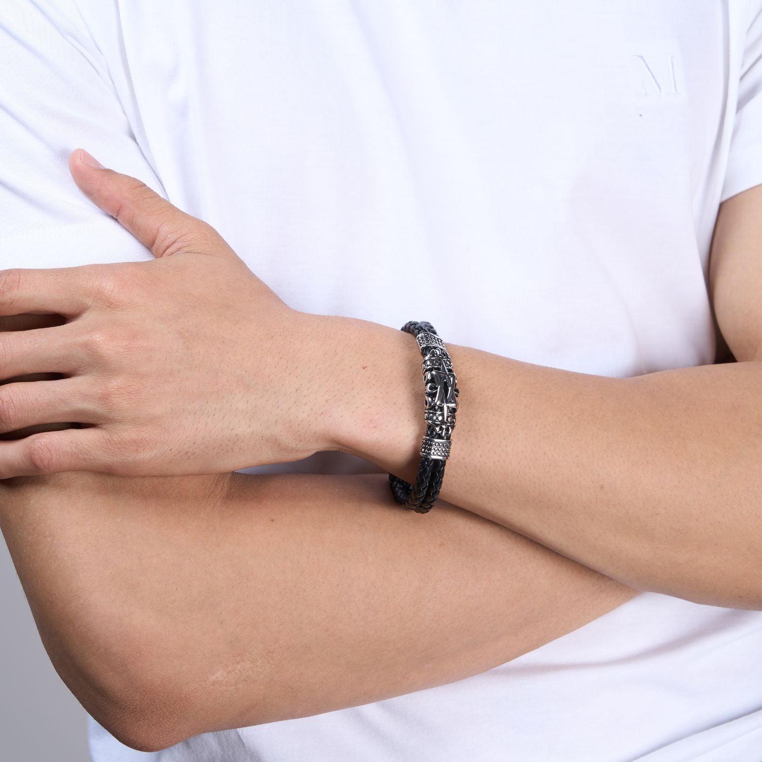 Side view of Black and Silver colored Bracelet for men with magnetic clasp.